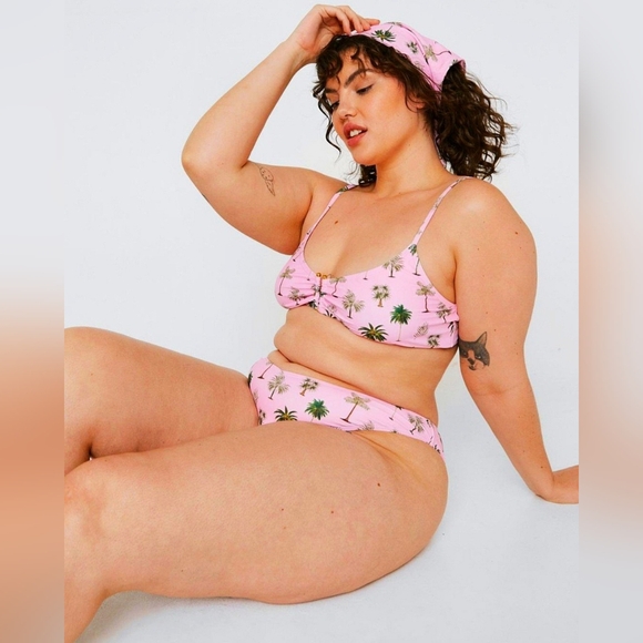 Plus Size Bikini Bundle 3 Piece Palm Trees PINK Matching Headscarf Set 2X NWT - Picture 2 of 8